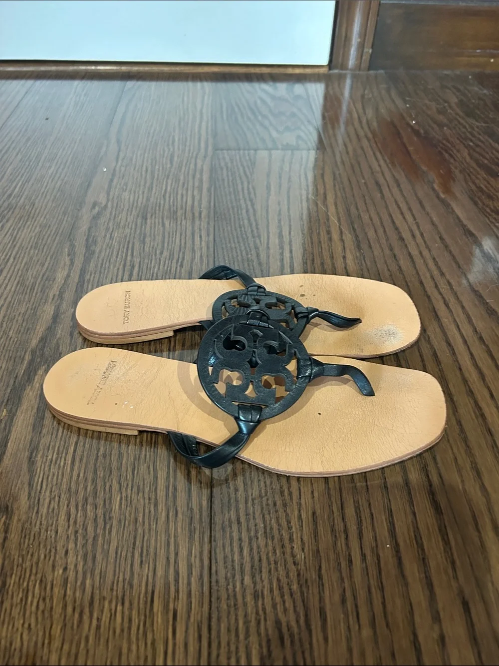 Tory Burch Black Leather Logo Thong Sandals with Natural Footbed